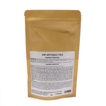 Alt Tag: Rooibos Mint & Star Anise Artisan Tea – 50G bolsa de té artesanal AW Artisan Tea con etiqueta de ingredientes