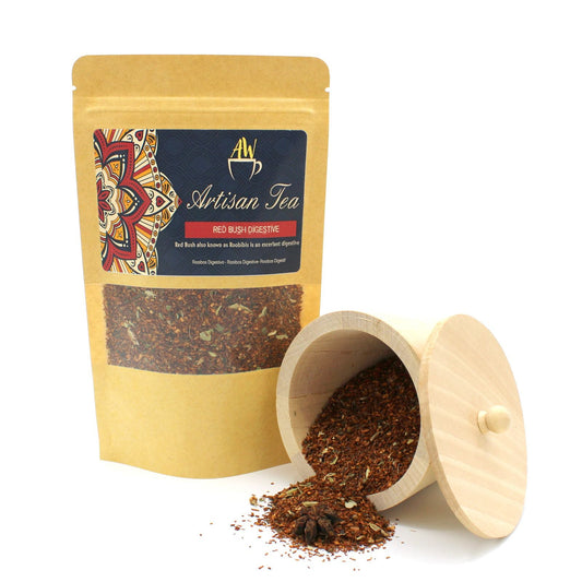 Rooibos Mint & Star Anise Artisan Tea – 50G en bolsa kraft de té artesanal con mezcla suelta y recipiente de madera
