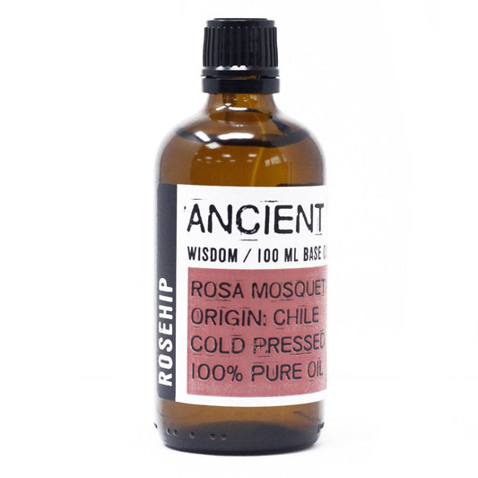 Alt Tag: Rosa Mosqueta Base Oil – 100ML cold-pressed rosehip base oil from Chile in 100 ml amber glass bottle