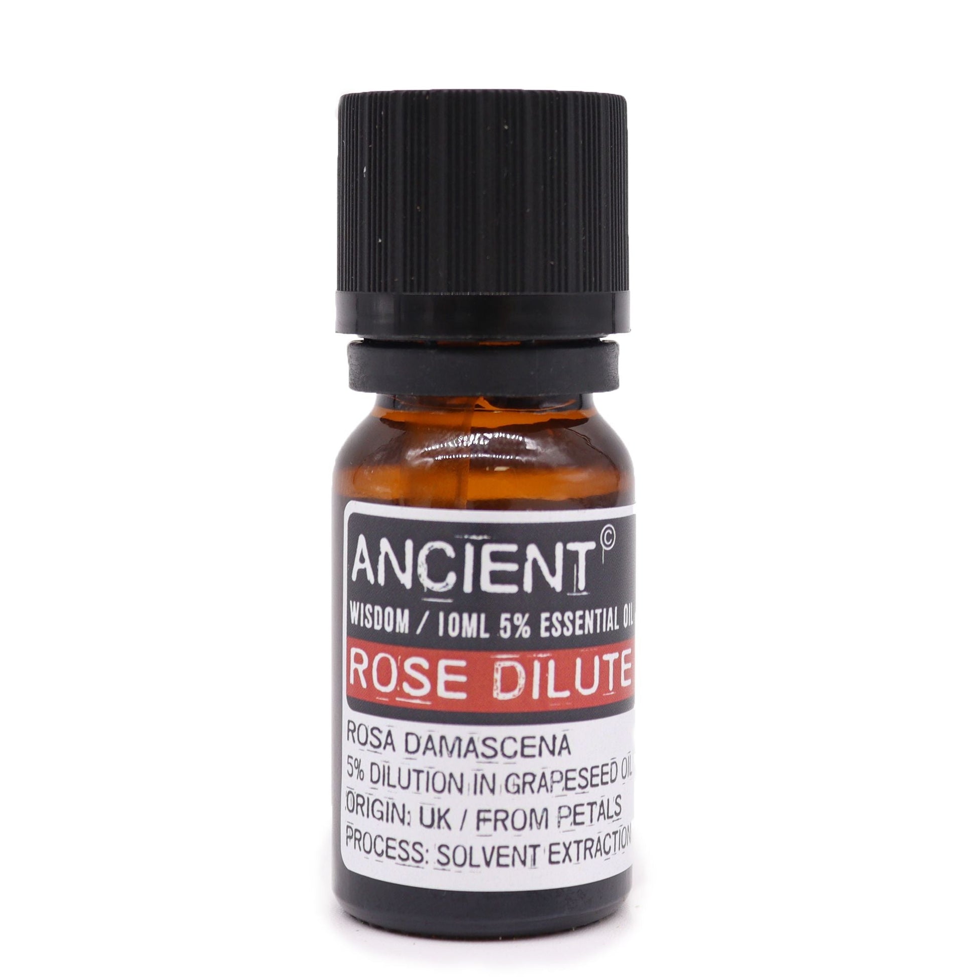 Rose Essential Oil in Grapeseed – 10 ML amber glass bottle with black cap, rose essential oil 5% dilution in grapeseed oil