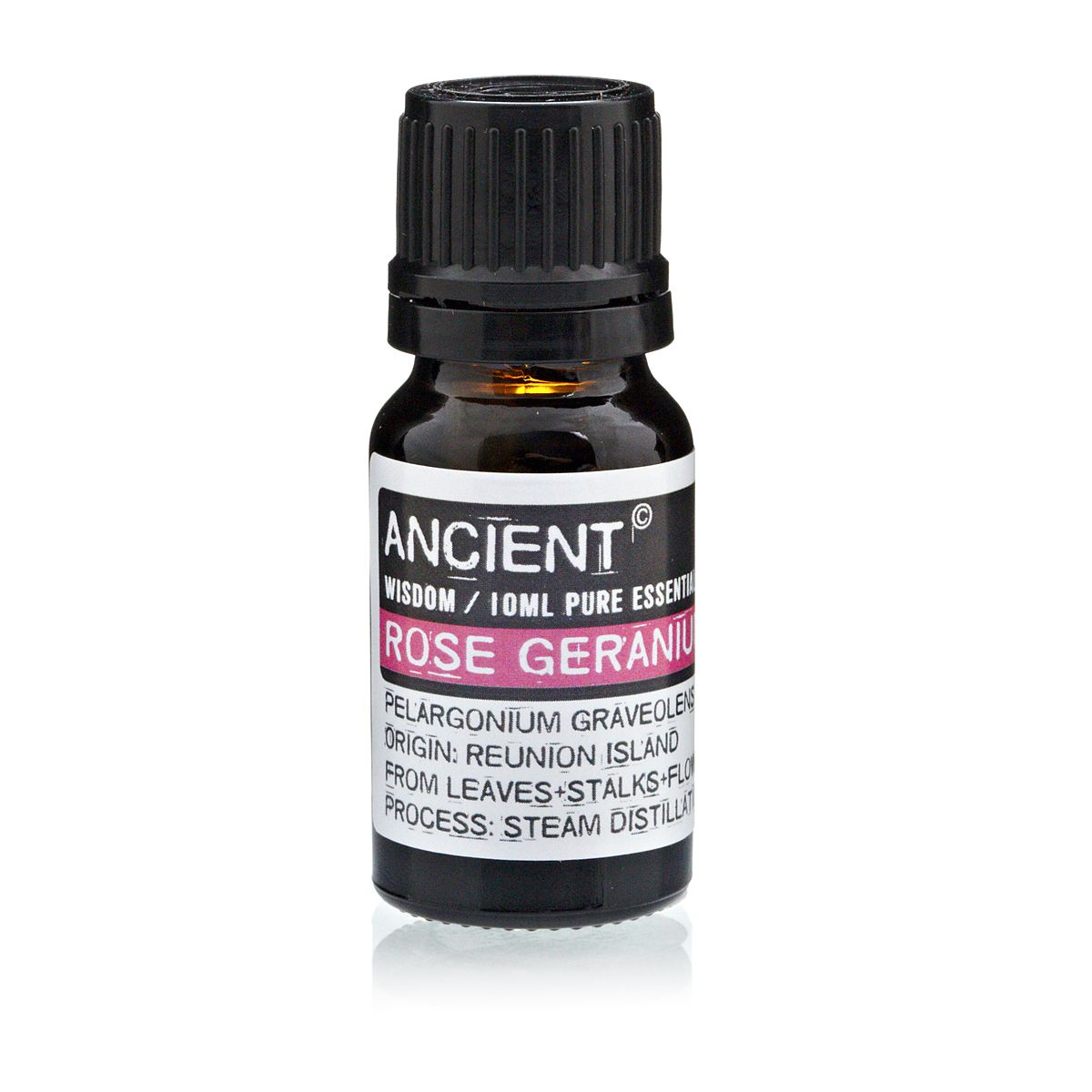 Alt-Tag: Ätherisches Rosen-Geranium-Öl – 10-ml-Braunglasflasche mit schwarzem Verschluss und Rosen-Geranium-Etikett