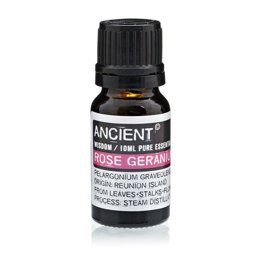 Alt-Tag: Ätherisches Rosen-Geranium-Öl – 10-ml-Braunglasflasche mit schwarzem Verschluss und Rosen-Geranium-Etikett