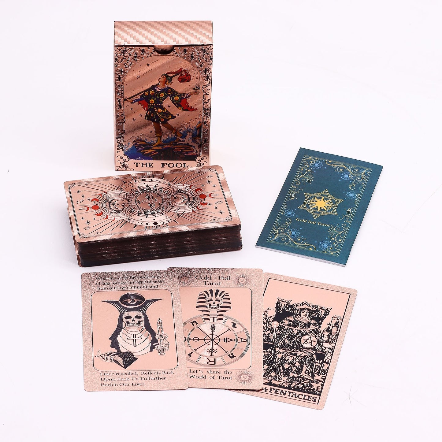 Alt Tag: Rose Gold Foil Tarot Card Set – Moon Phase con cartas tarot foil rosa, caja y guía, diseño fases lunares, material PET