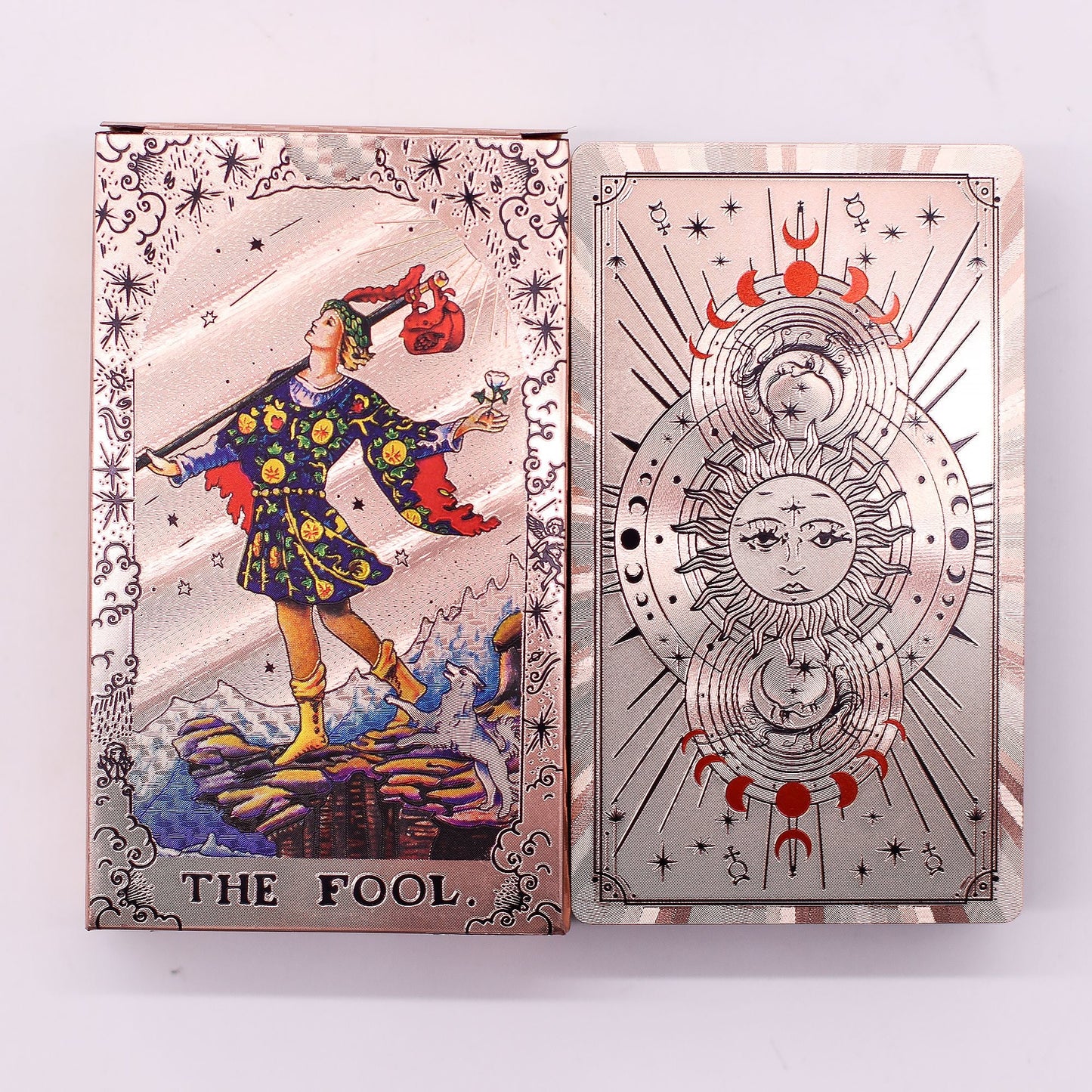Alt Tag: Rose Gold Foil Tarot Card Set – Moon Phase deck with The Fool card and moon phase back design, rose gold foil finish