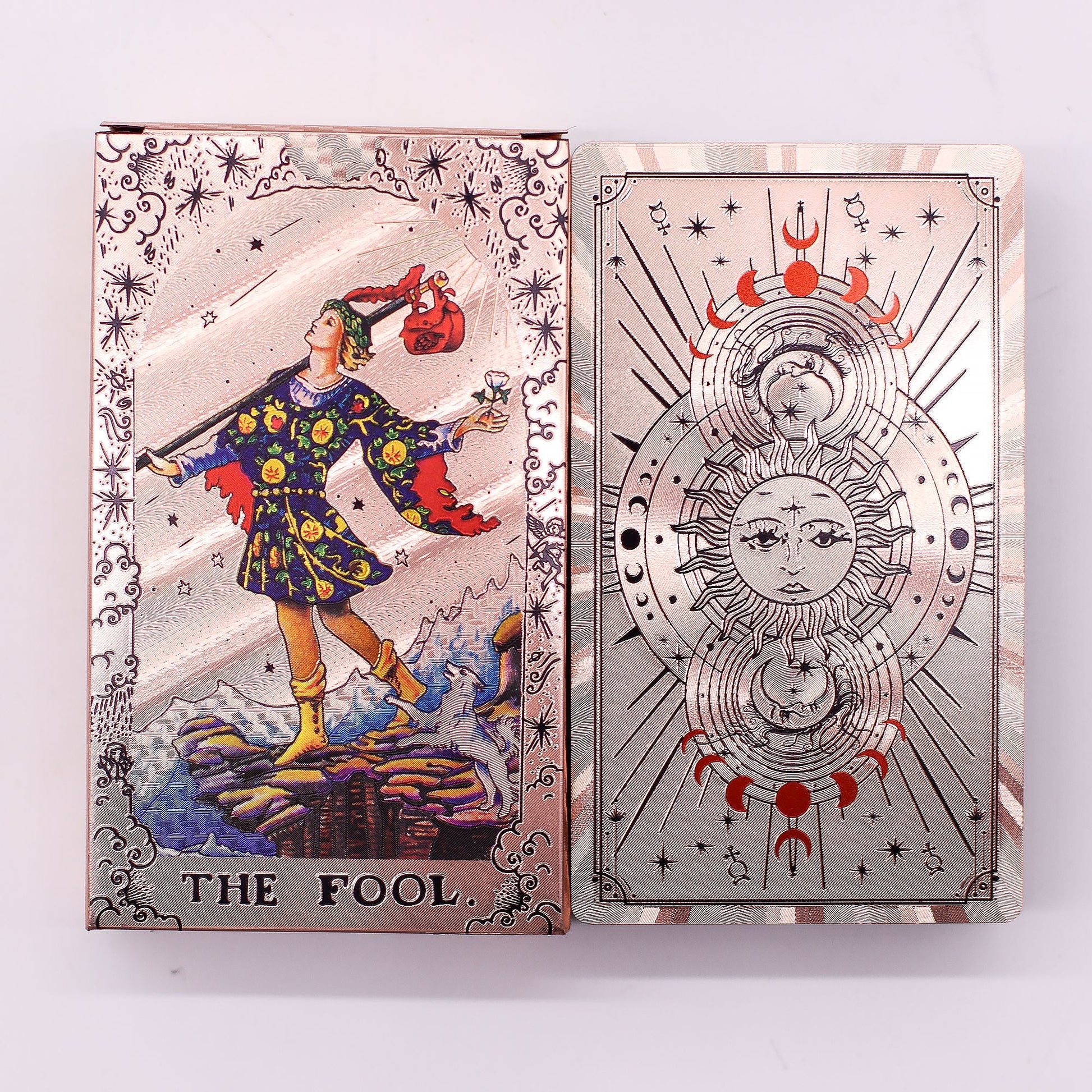 Alt Tag: Rose Gold Foil Tarot Card Set – Moon Phase deck with The Fool card and moon phase back design, rose gold foil finish