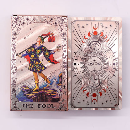 Alt Tag: Rose Gold Foil Tarot Card Set – Moon Phase deck with The Fool card and moon phase back design, rose gold foil finish