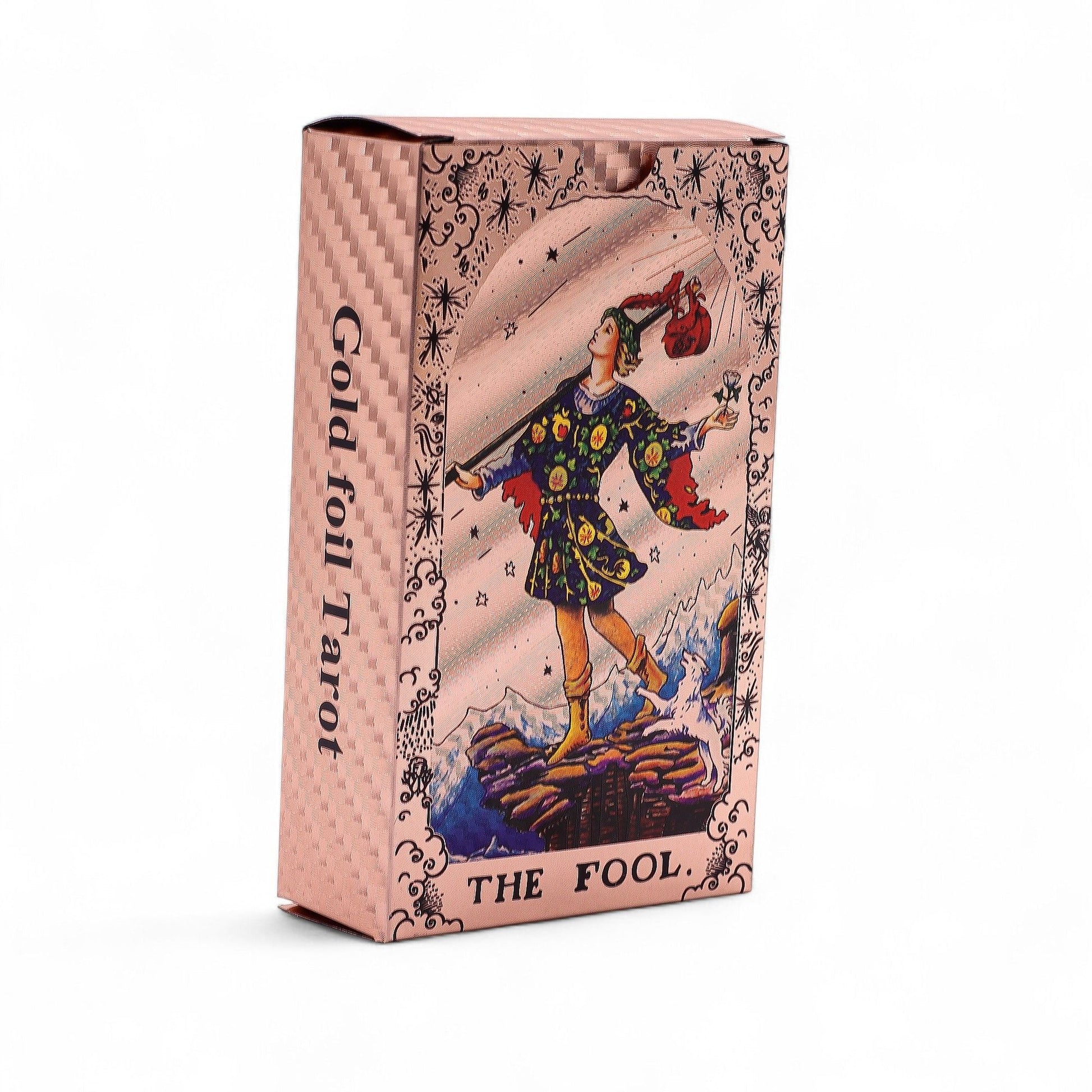 Rose Gold Foil Tarot Card Set – Moon Phase box featuring The Fool card design in rose gold foil finish
