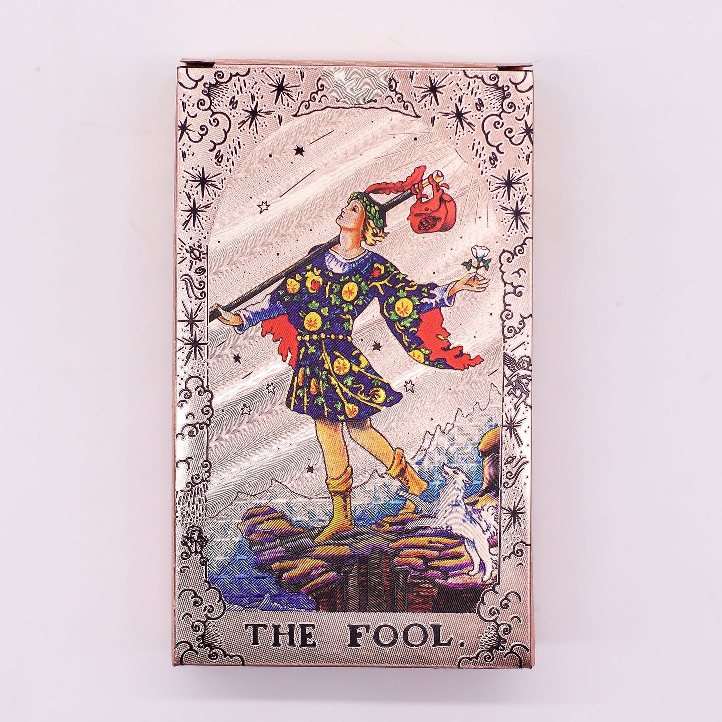 Alt Tag: Rose Gold Foil Tarot Card Set – Moon Phase The Fool tarot card with rose gold foil border and celestial star details