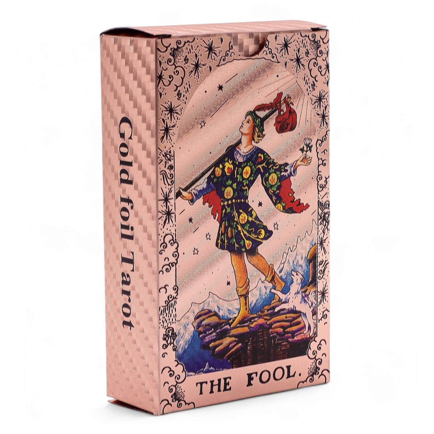 Alt Tag: Rose Gold Foil Tarot Card Set – Moon Phase, caja de tarot color oro rosa con carta The Fool (El Loco) en el frente