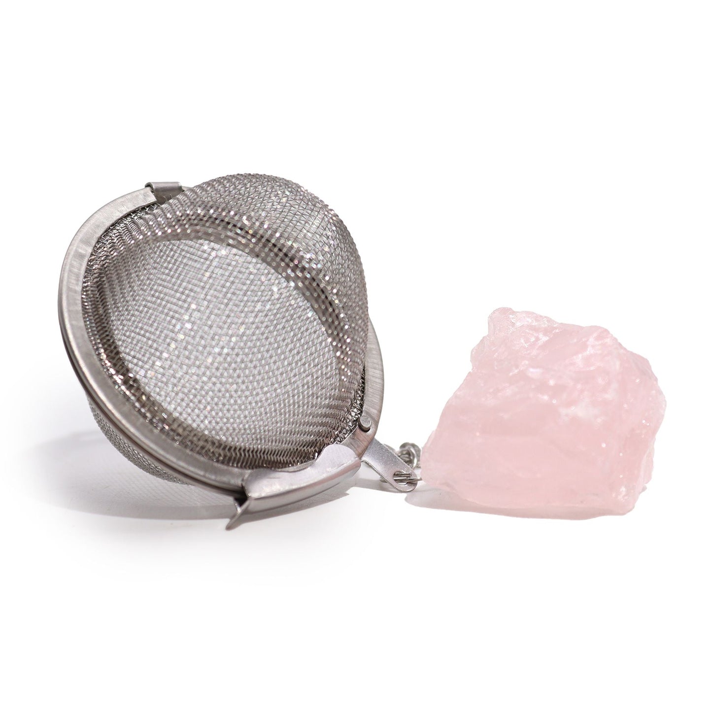 Rose Quartz Crystal Tea Strainer – 7.5x5 CM stainless steel mesh tea infuser with rose quartz crystal charm, close-up