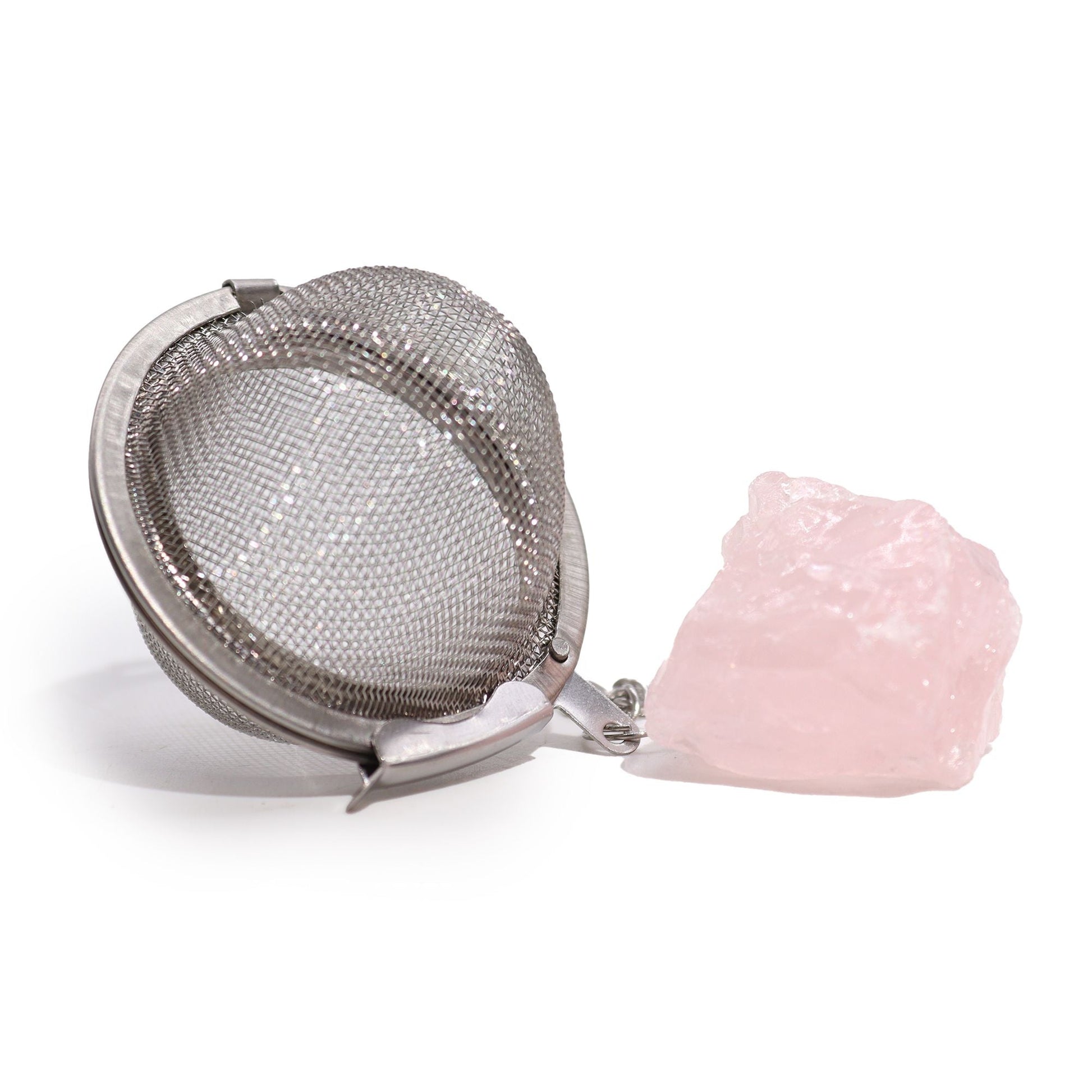 Rose Quartz Crystal Tea Strainer – 7.5x5 CM stainless steel mesh tea infuser with rose quartz crystal charm, close-up