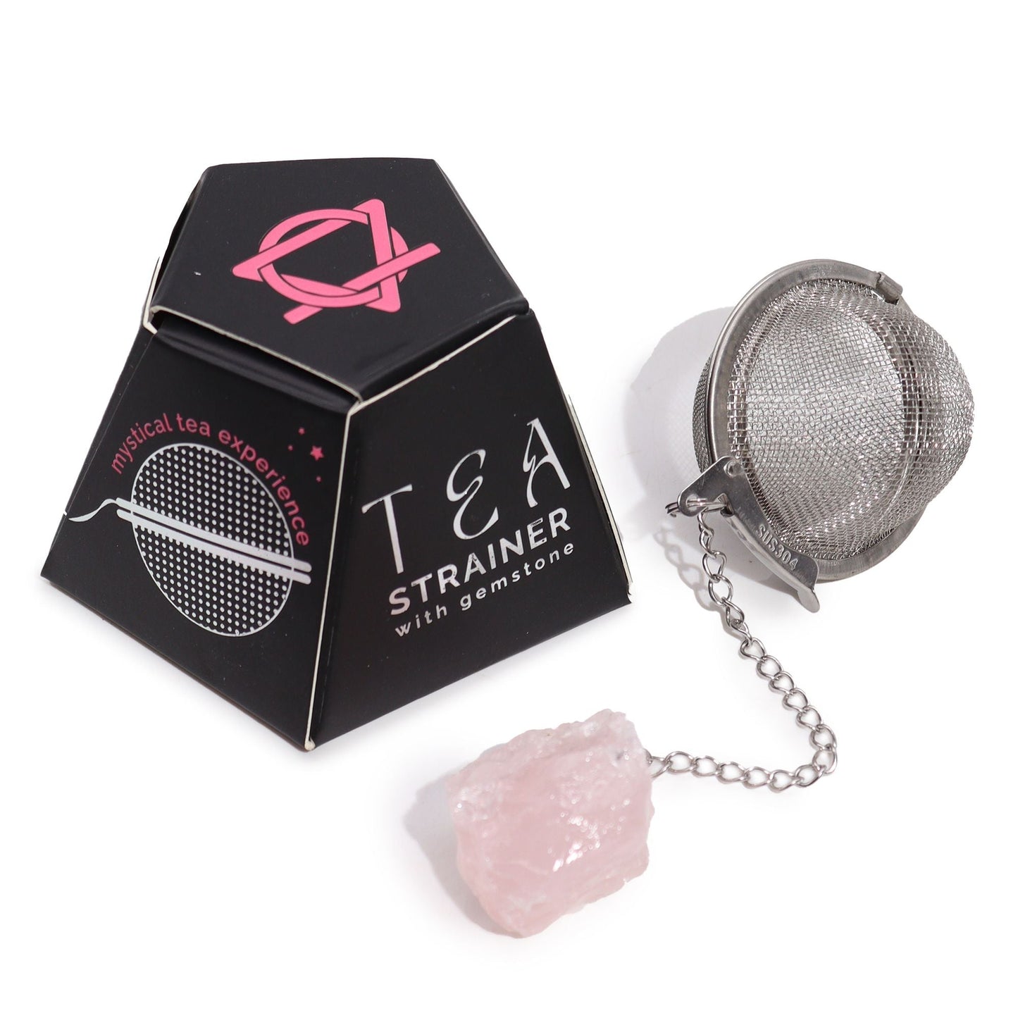 Rose Quartz Crystal Tea Strainer – 7.5x5 CM con colador de malla metálica, cadena y piedra de cuarzo rosa, con caja de presentación