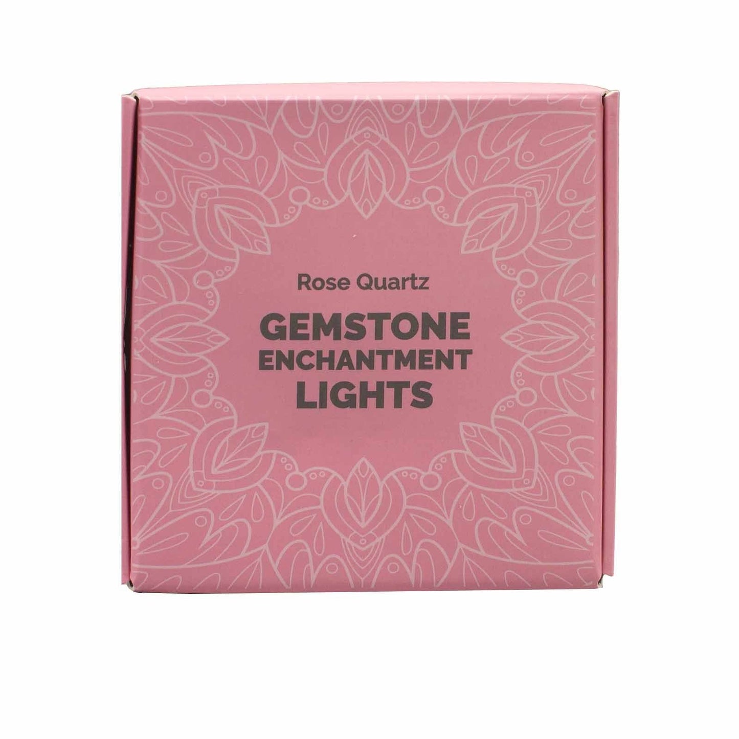 Alt Tag: Rose Quartz Gemstone Enchantment Lights – Decorative String packaging box in pink with floral pattern
