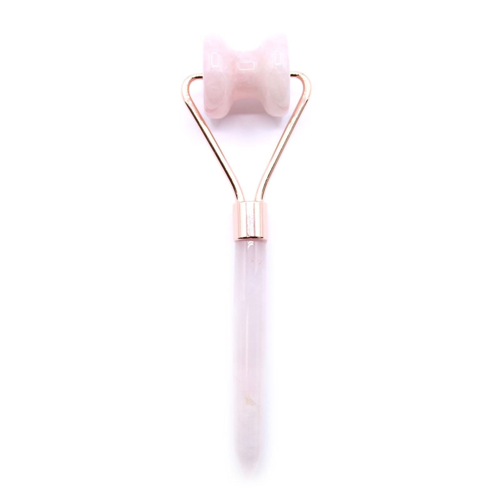Rose Quartz Gemstone Face Roller – 15CM pink rose quartz facial roller with metal frame, top view on white background
