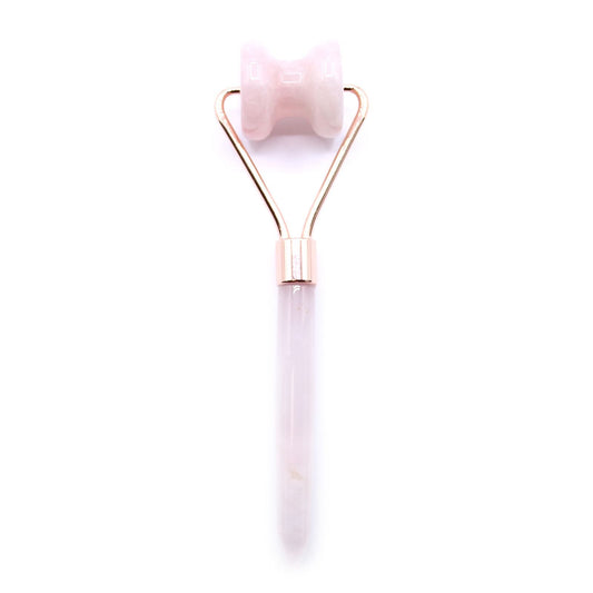 Rose Quartz Gemstone Face Roller – 15CM pink rose quartz facial roller with metal frame, top view on white background