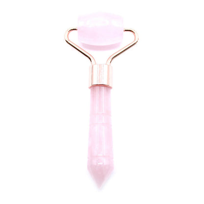 Alt Tag: Rose Quartz Gemstone Face Roller – Travel Size 9CM, rodillo facial de cuarzo rosa compacto 9 cm con mango rosa y marco metálico
