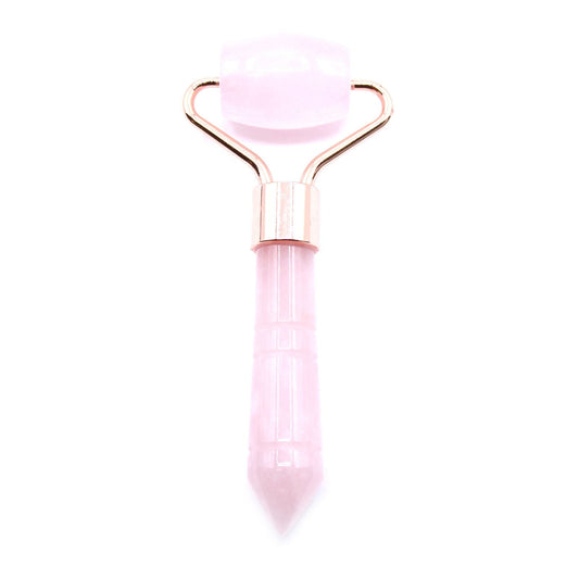 Alt Tag: Rose Quartz Gemstone Face Roller – Travel Size 9CM, rodillo facial de cuarzo rosa compacto 9 cm con mango rosa y marco metálico