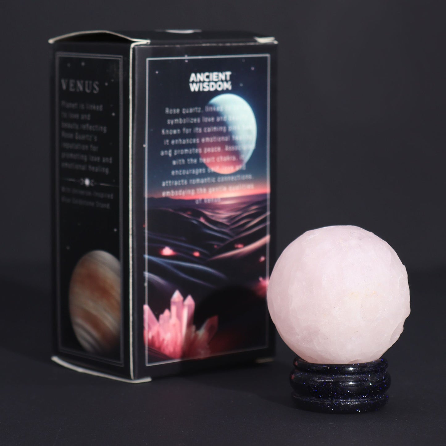 Rose Quartz Gemstone Planet – 40MM with Goldstone Stand sphere on goldstone stand beside Venus-themed gift box packaging