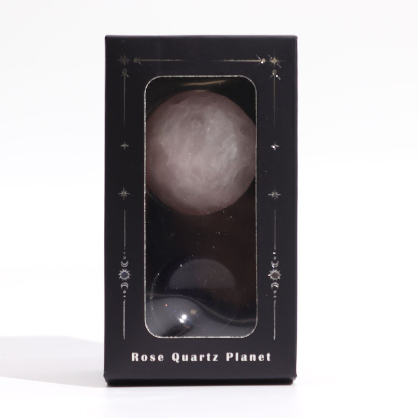Rose Quartz Gemstone Planet – 40MM with Goldstone Stand in gift box packaging, rose quartz sphere visible through window