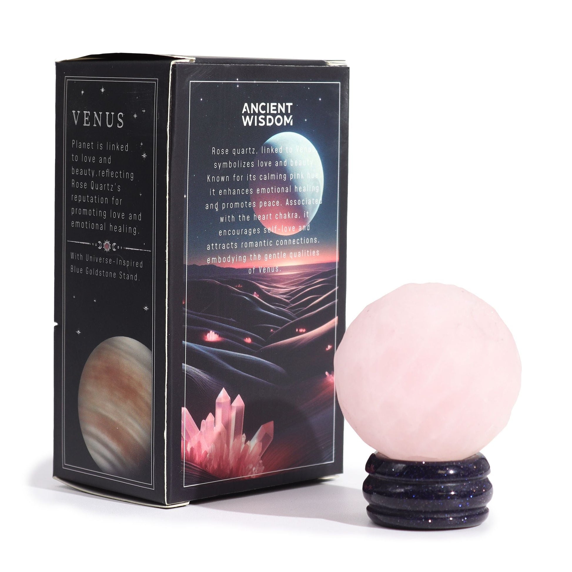 Rose Quartz Gemstone Planet – 40MM with Goldstone Stand with Venus packaging box, pink rose quartz sphere on sparkling goldstone base