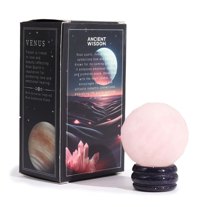 Rose Quartz Gemstone Planet – 40MM with Goldstone Stand with Venus packaging box, pink rose quartz sphere on sparkling goldstone base