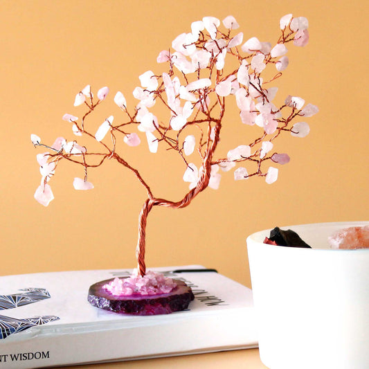 Alt Tag: Rose Quartz Gemstone Tree – 100 Stones on pink agate base with flexible wire branches, handcrafted crystal decor on tabletop
