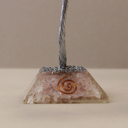 Alt Tag: Rose Quartz Gemstone Tree – 160 Stone orgonite base close-up with rose quartz chips and copper spiral detail