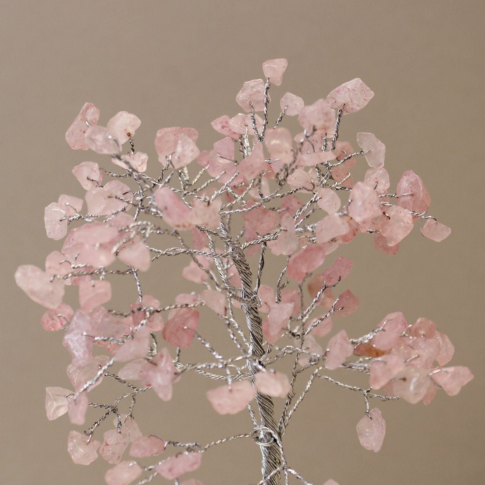 Rose Quartz Gemstone Tree – 160 Stone with pink rose quartz chips on silver wire branches, decorative gemstone tree close-up