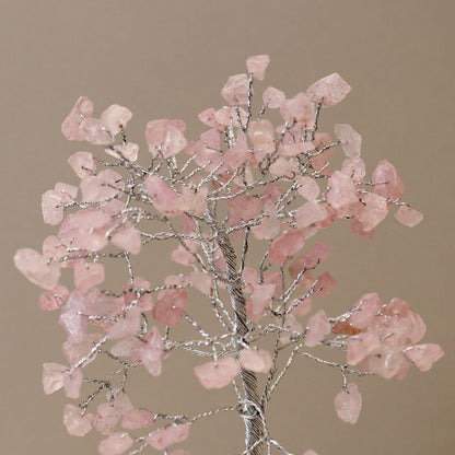 Rose Quartz Gemstone Tree – 160 Stone with pink rose quartz chips on silver wire branches, decorative gemstone tree close-up