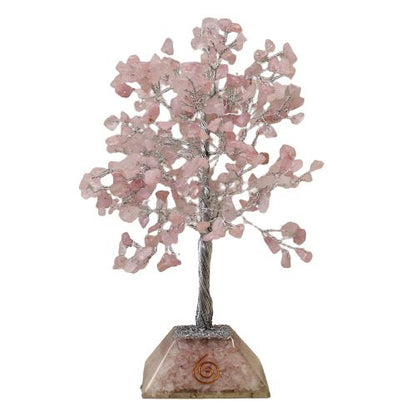 Alt Tag: Rose Quartz Gemstone Tree – 320 Stone Edition, árbol decorativo de cuarzo rosa con base de orgonita y alambre, 20.5 cm