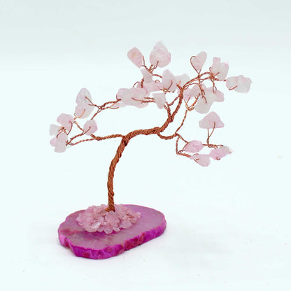 Rose Quartz Gemstone Tree – 35 Stones on Pink Agate, copper wire bonsai sculpture on pink agate base