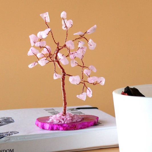 Alt Tag: Rose Quartz Gemstone Tree – 35 Stones on Pink Agate on desk, copper wire branches with pink crystals, pink agate base decor