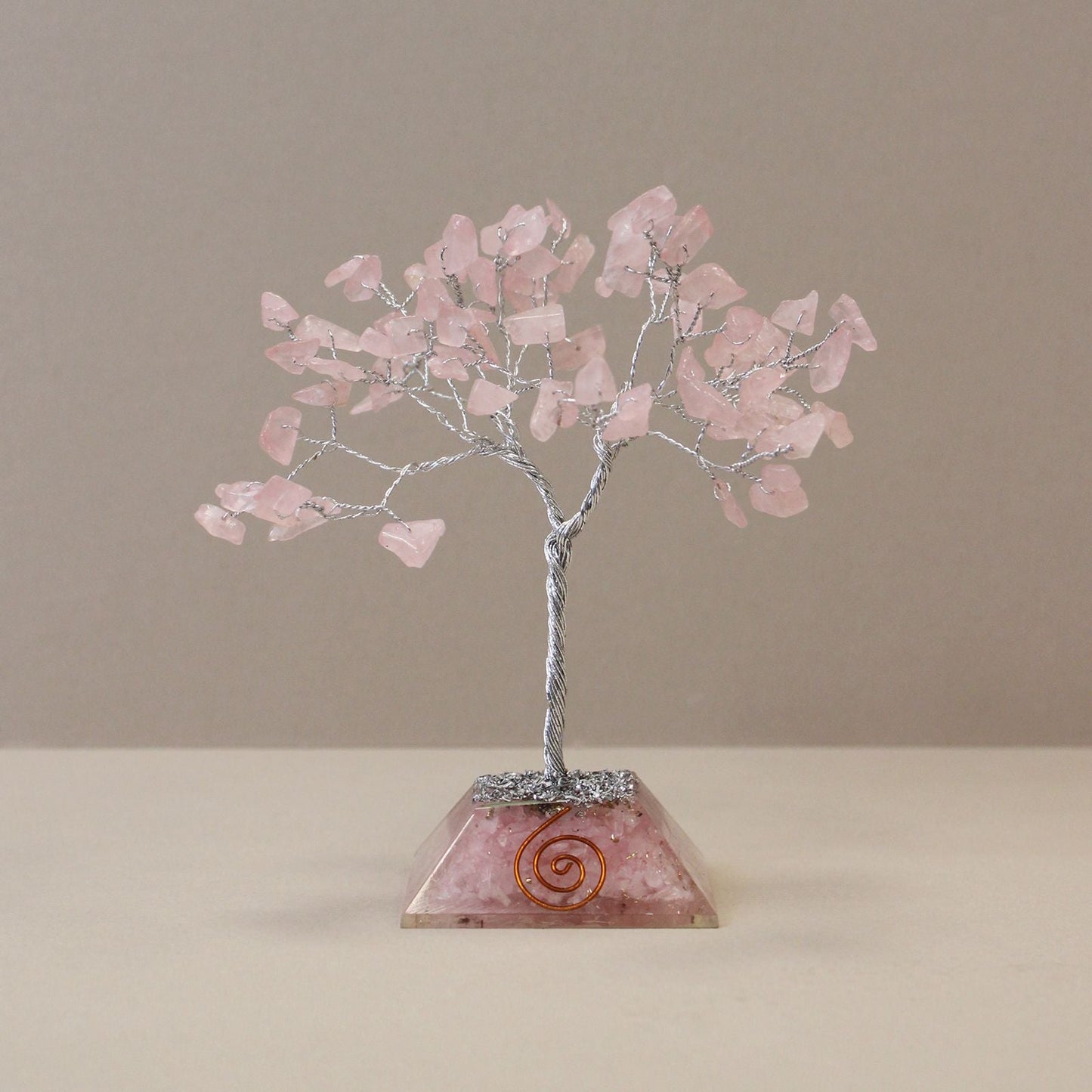 Alt Tag: Rose Quartz Gemstone Tree – 80 Stone Wonder handcrafted wire tree with rose quartz chips on pink orgonite pyramid base
