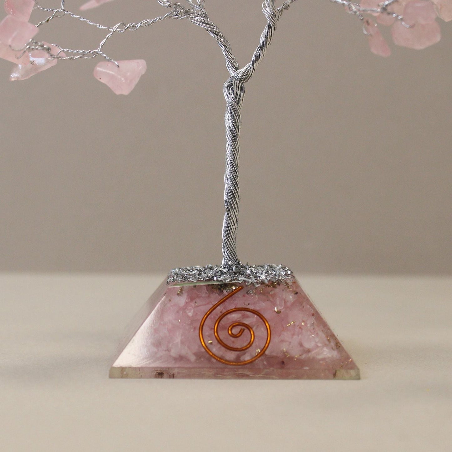 Rose Quartz Gemstone Tree – 80 Stone Wonder with silver wire branches, pink rose quartz chips, and orgonite pyramid base with copper spiral