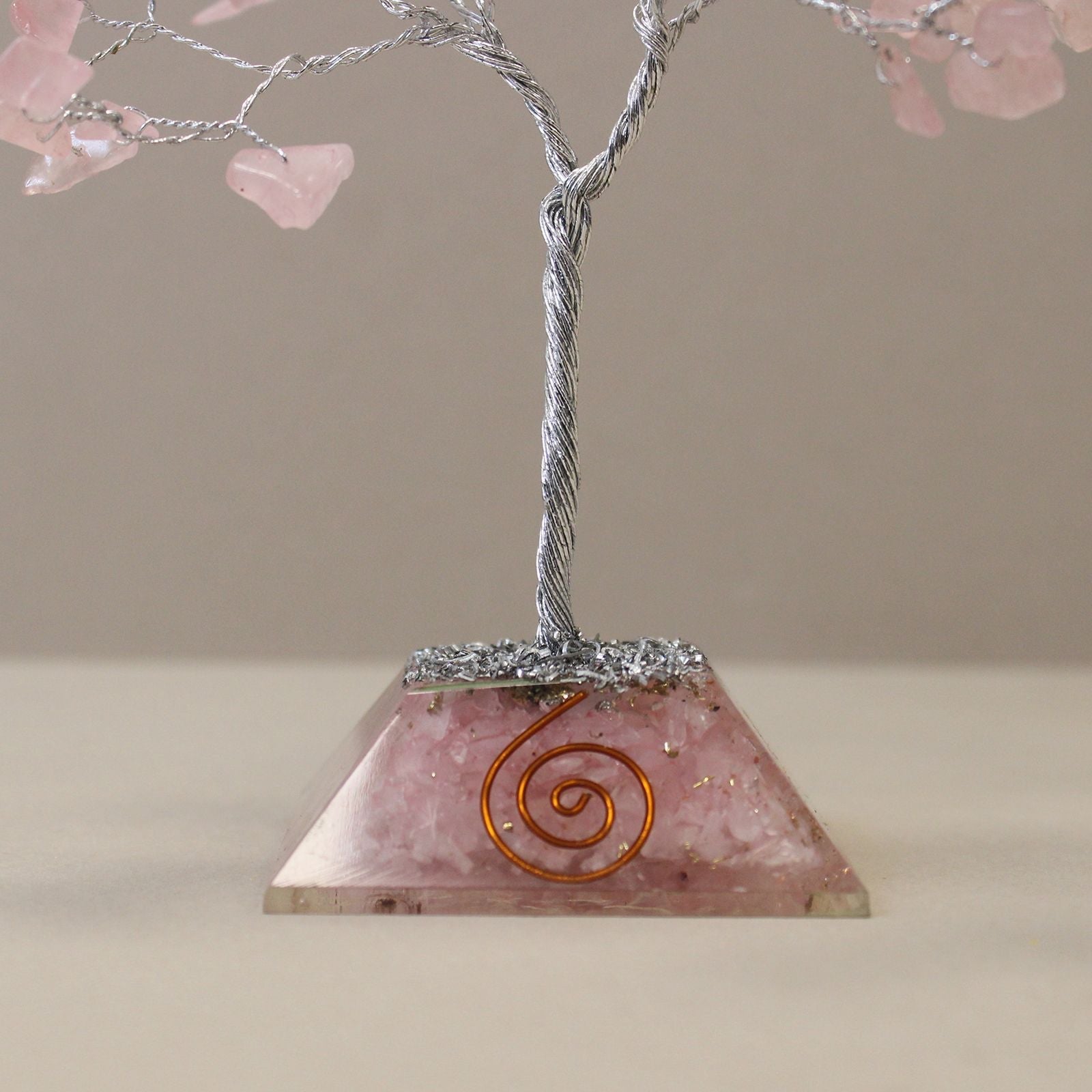 Rose Quartz Gemstone Tree – 80 Stone Wonder with silver wire branches, pink rose quartz chips, and orgonite pyramid base with copper spiral