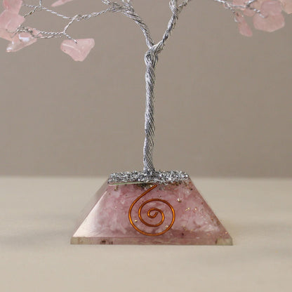 Rose Quartz Gemstone Tree – 80 Stone Wonder with silver wire branches, pink rose quartz chips, and orgonite pyramid base with copper spiral