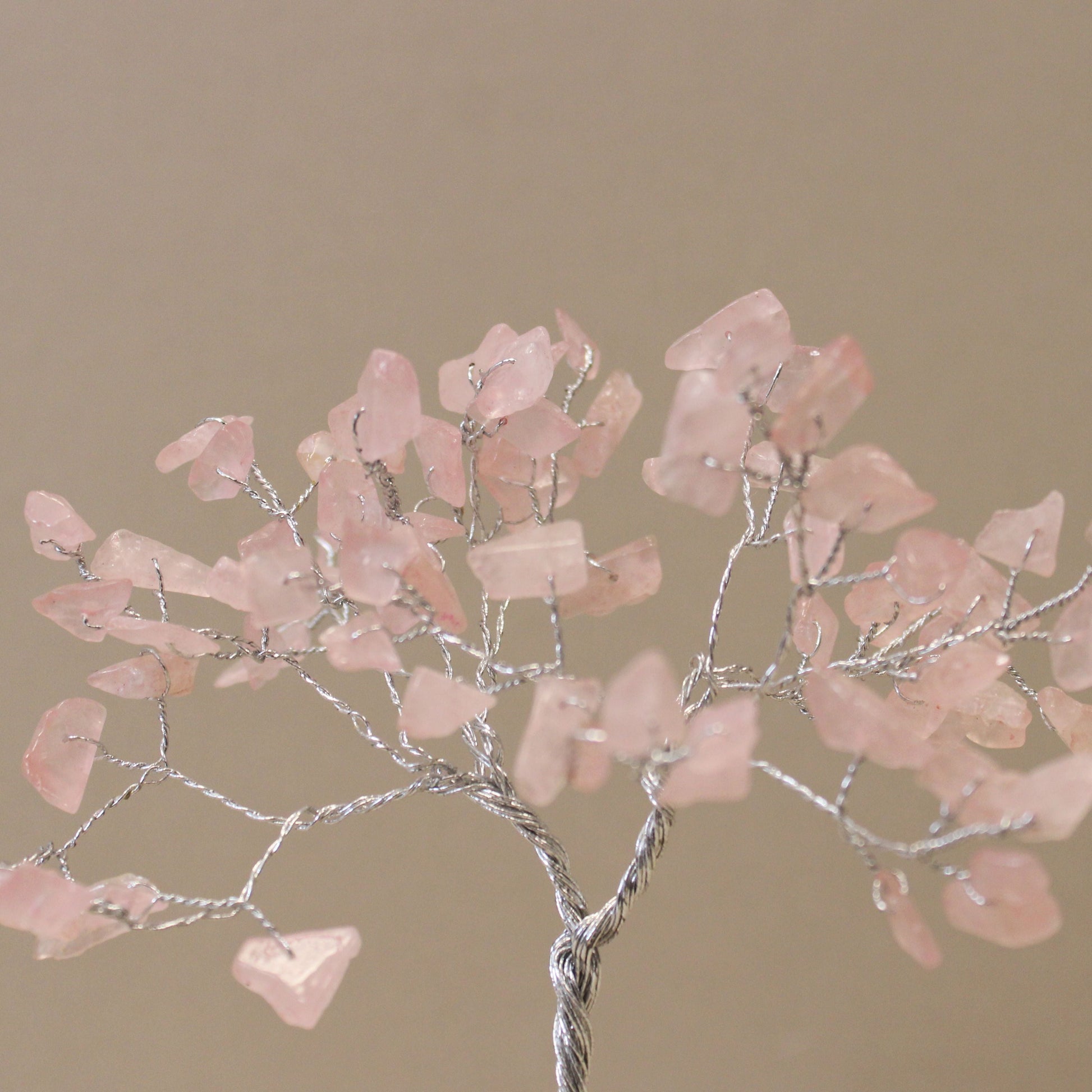 Rose Quartz Gemstone Tree – 80 Stone Wonder with pink rose quartz chips on silver wire branches, close-up