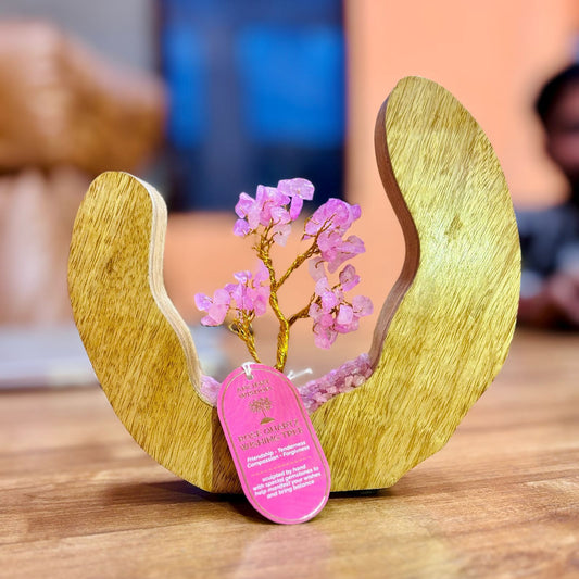 Rose Quartz Gemstone Tree – Mango Wood, 60 Chips with pink gemstone branches in mango wood open ring decor on table
