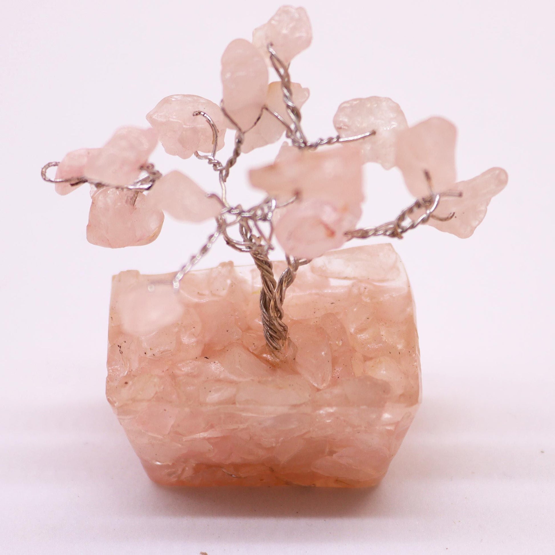 Alt Tag: Rose Quartz Gemstone Tree – Mini, 5CM Height with pink crystal chipstone branches and wire trunk on rose quartz base