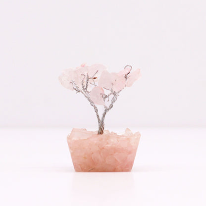 Alt Tag: Rose Quartz Gemstone Tree – Mini, 5CM Height with pink chipstone leaves and wire branches on rose quartz crystal base