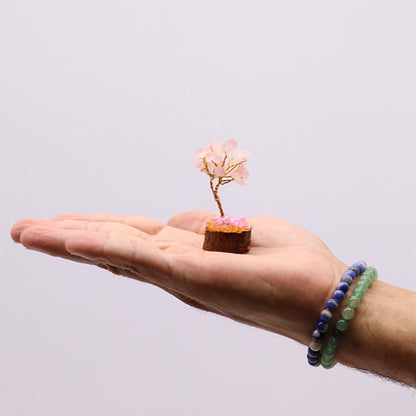Rose Quartz Gemstone Tree – Mini 6CM, 15 Stones in hand, small rose quartz crystal tree on wooden base