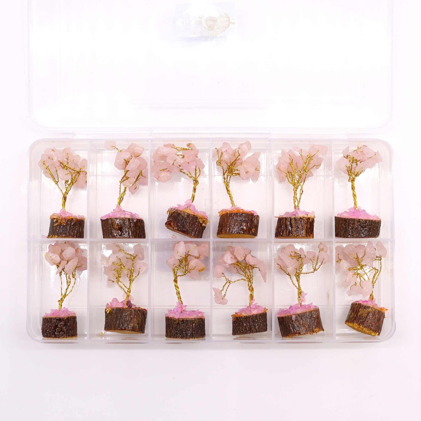 Rose Quartz Gemstone Tree – Mini 6CM, 15 Stones set of mini rose quartz gemstone trees on wooden bases in clear storage box