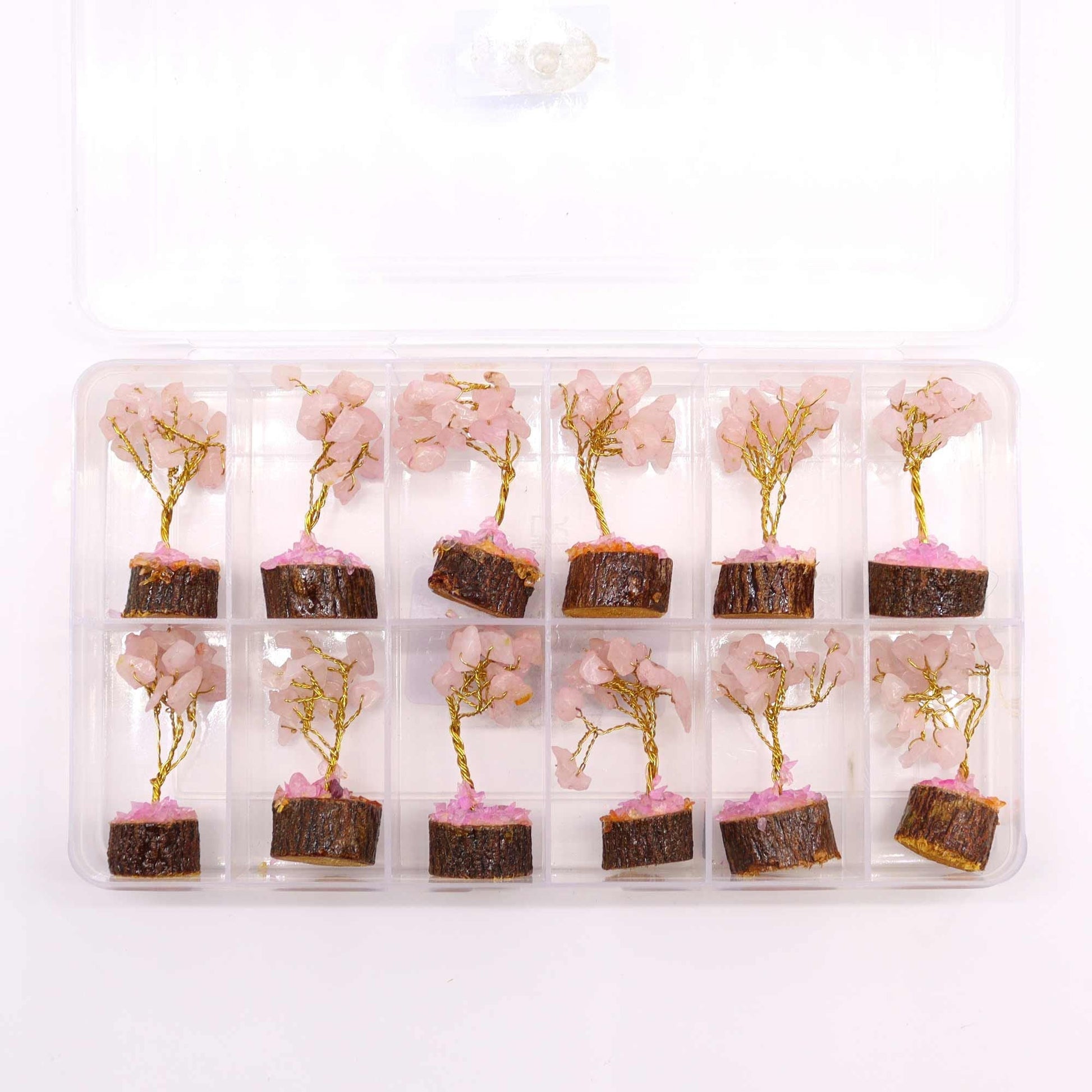 Rose Quartz Gemstone Tree – Mini 6CM, 15 Stones set of mini rose quartz gemstone trees on wooden bases in clear storage box