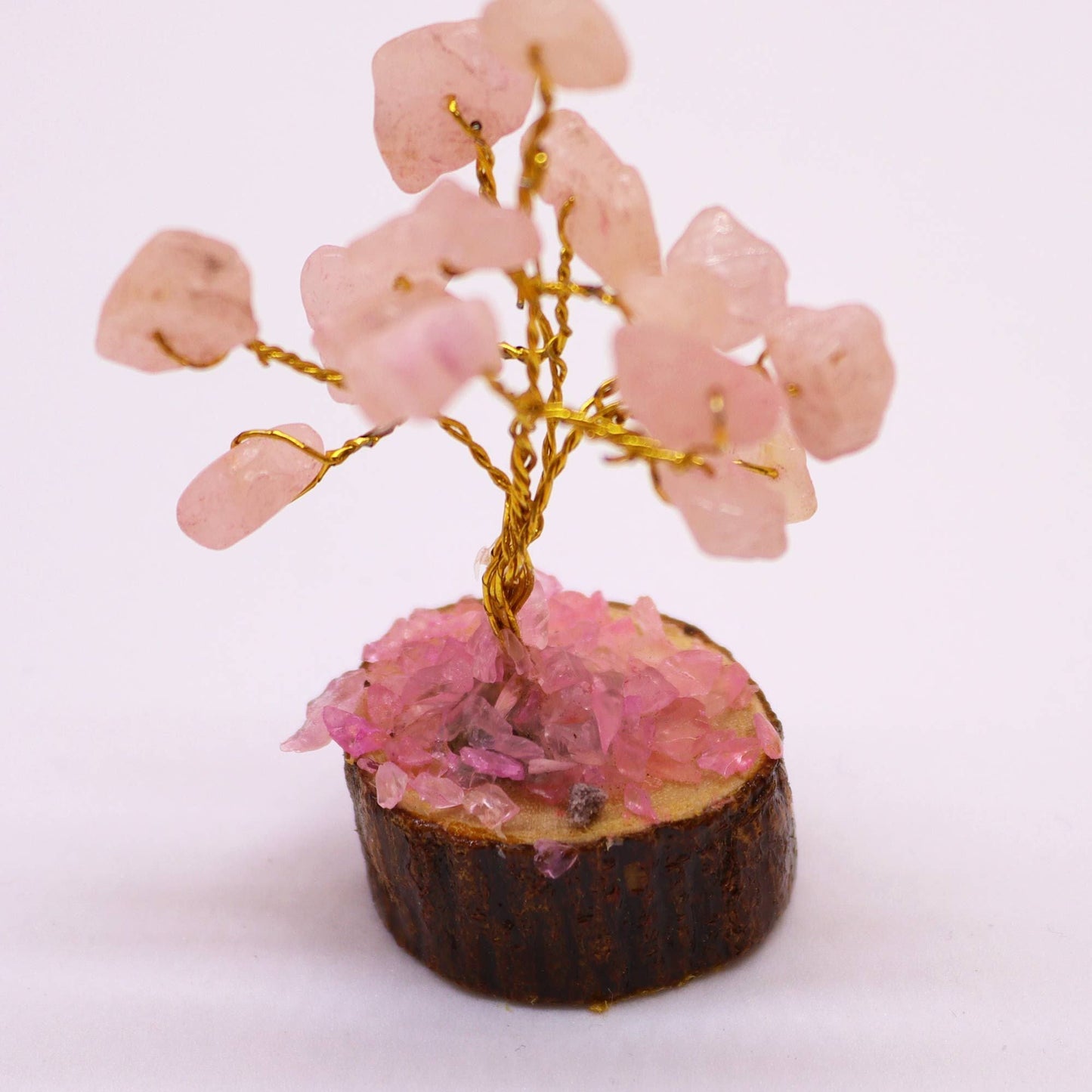 Rose Quartz Gemstone Tree – Mini 6CM, 15 Stones con alambre dorado, 15 piedras de cuarzo rosa, sobre base de madera