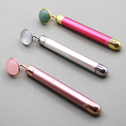 Rose Quartz Gemstone Vibration Pad – 15 CM pink gemstone facial massage vibrating wand with metal handle, product close-up