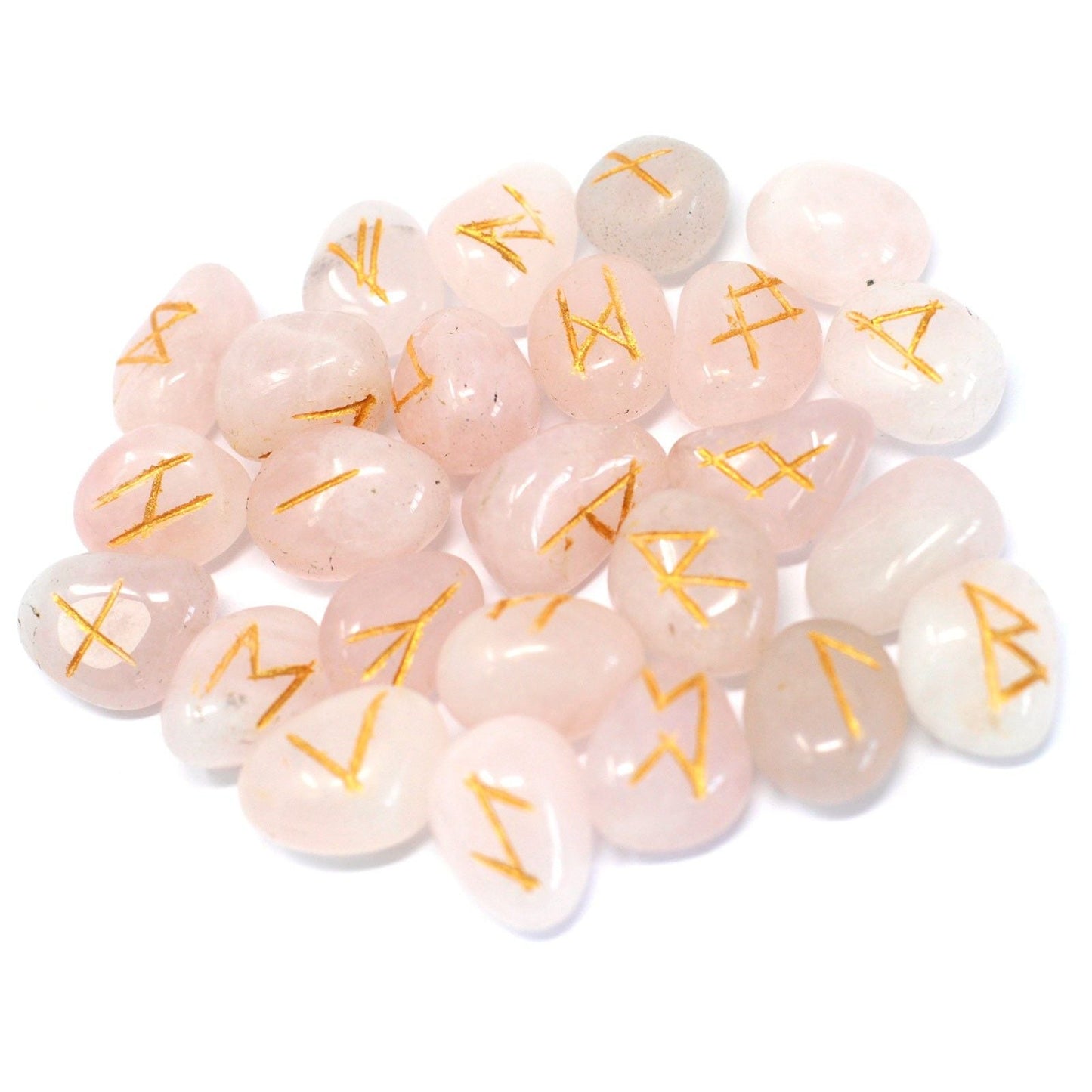 Alt Tag: Rose Quartz Indian Rune Set – 2x2x1.5 CM pale pink polished rune stones with gold engraved symbols on white background
