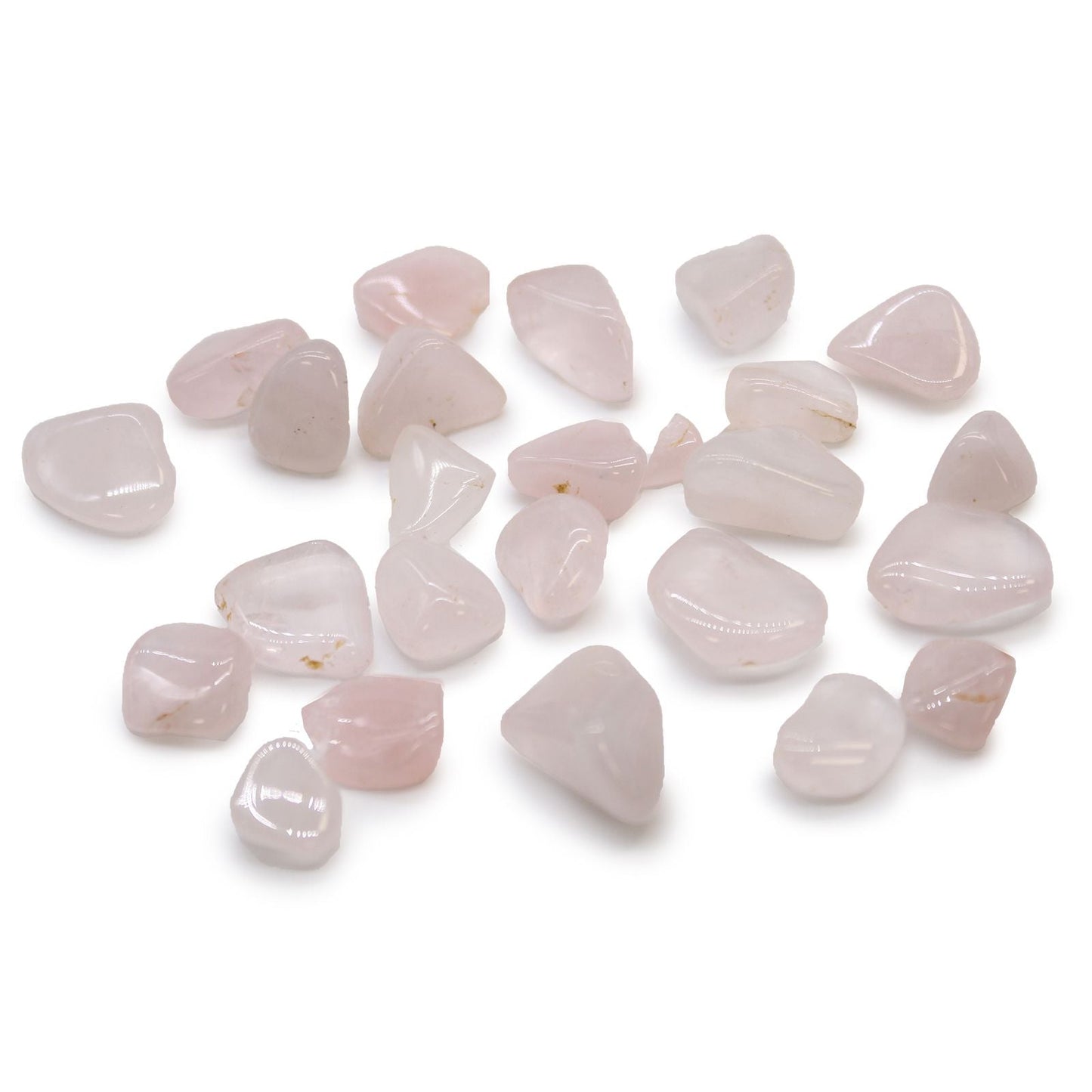 Rose Quartz Tumble Stones – 24 Pack, pulidas piedras rodadas de cuarzo rosa africano en tonos rosa suave, sobre fondo blanco