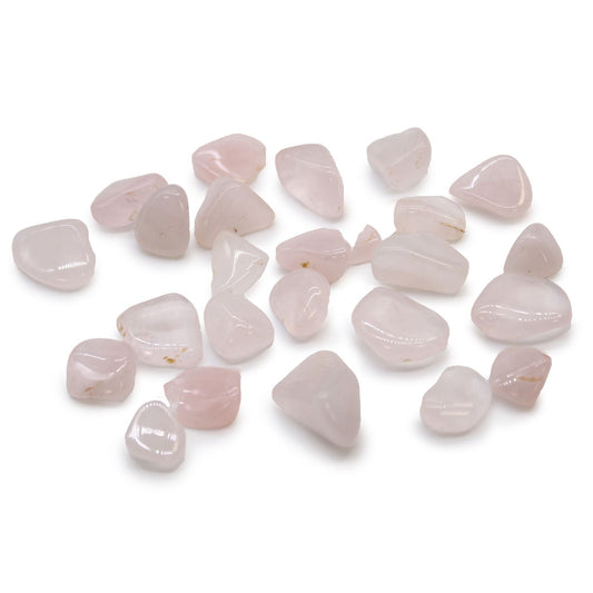 Rose Quartz Tumble Stones – 24 Pack, pulidas piedras rodadas de cuarzo rosa africano en tonos rosa suave, sobre fondo blanco