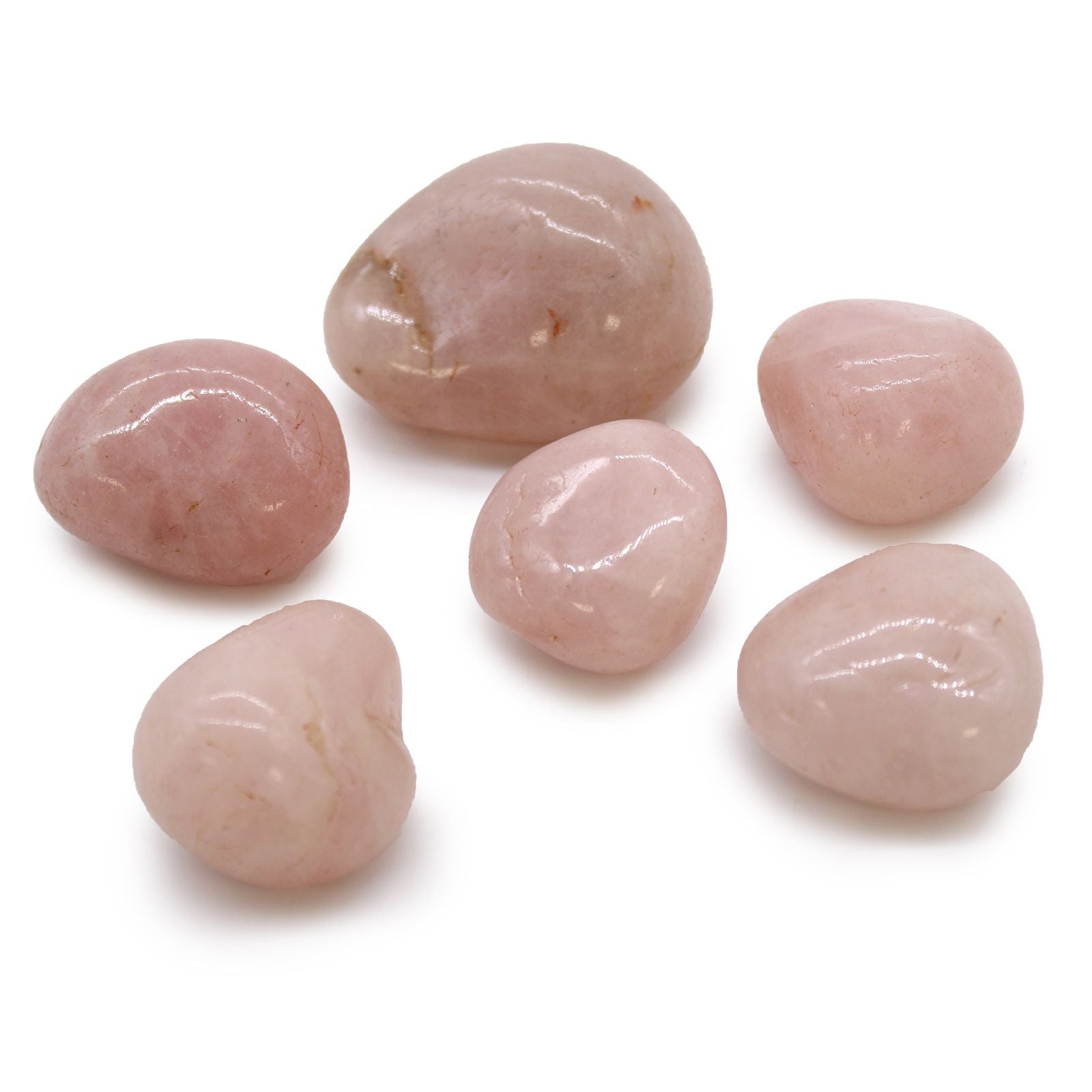 Alt Tag: Rose Quartz Tumble Stones – 6 Pcs Large African polished pink rose quartz gemstones set, smooth tumbled stones on white background