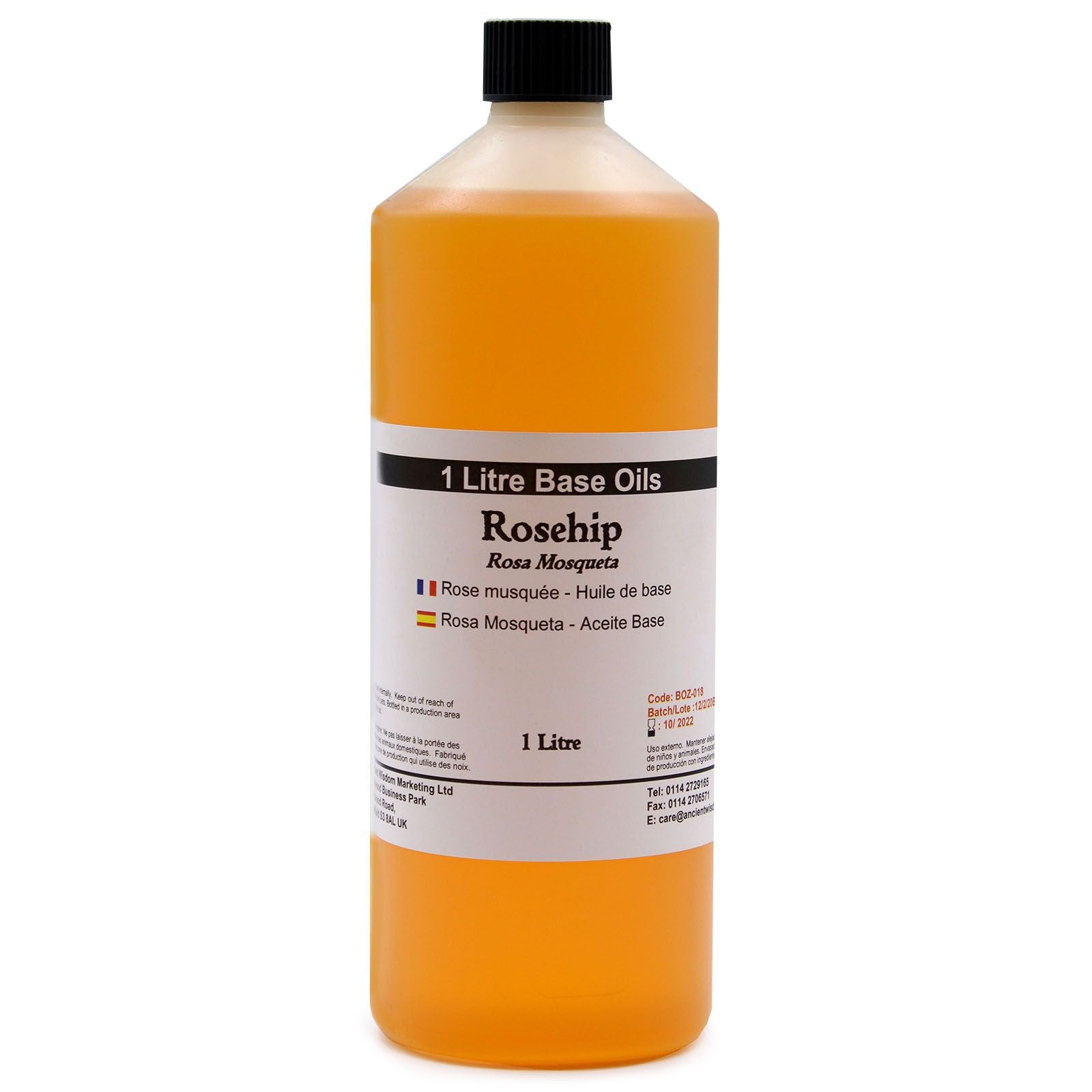 Alt Tag: Rosehip Base Oil – 1 Litre bottle of rosehip base oil, 1 litre base oils label, amber liquid with black cap